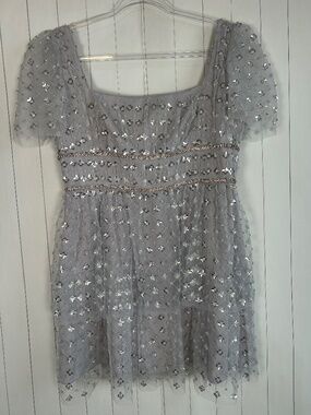 Self Portrait size 10 Cluster Sequin Tiered Mini Dress gray square neck NEW